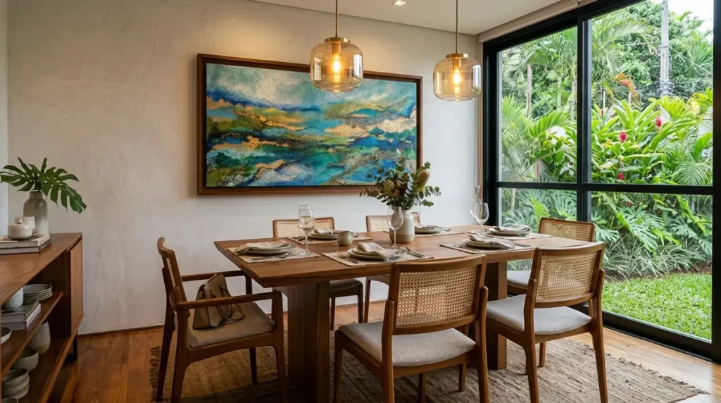 Sala de jantar moderna com um quadro decorativo horizontal pendurado em uma altura mais baixa, ideal para pessoas sentadas à mesa.