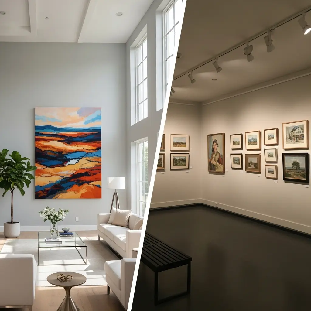 Comparação entre uma sala de estar moderna com um quadro em canvas grande na parede e uma galeria de artes com vários quadros tradicionais na parede.