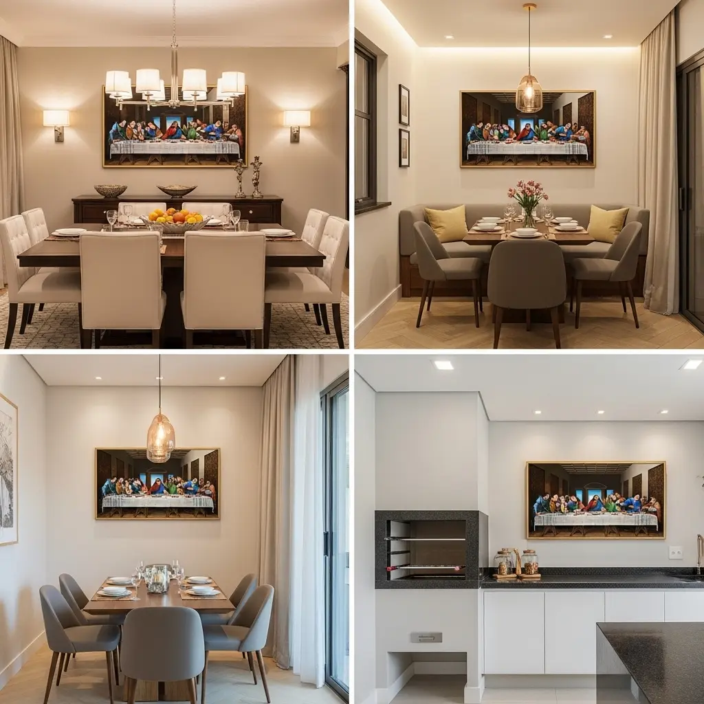 Montagem com três fotos: uma sala de jantar, uma copa pequena e um espaço gourmet, todos com o quadro da Santa Ceia bem posicionado conforme as boas práticas.