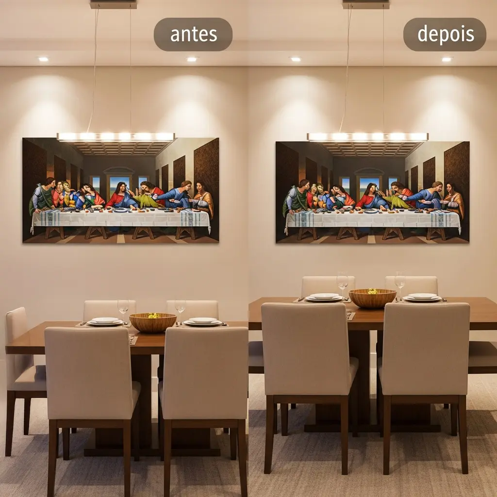 Comparação antes e depois: à esquerda, quadro de Santa Ceia torto e desalinhado com a mesa; à direita, o mesmo quadro corretamente centralizado e na altura ideal, com aspecto muito mais harmonioso.