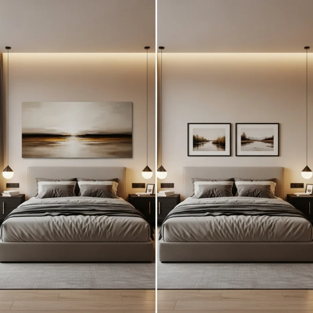 Comparação de dois quartos iguais: no primeiro, um quadro grande demais ultrapassa a largura da cama; no segundo, um conjunto de quadros dentro da largura da cabeceira, mostrando a proporção correta.