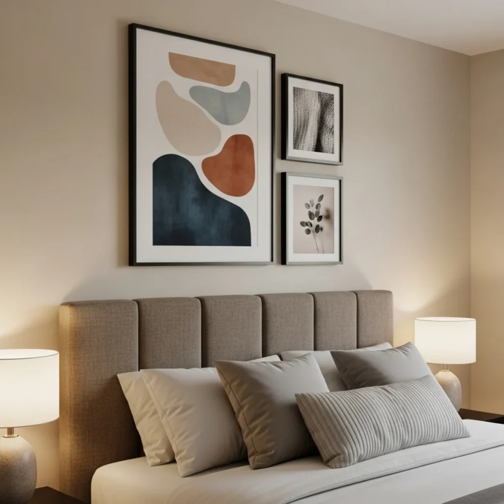 Quarto atual com composição assimétrica: um quadro grande de um lado e dois menores do outro, ancorados pelo centro da cama, molduras pretas.