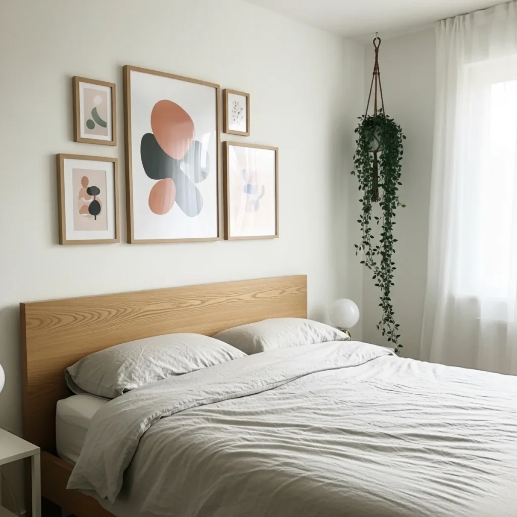 Quarto aconchegante com composição assimétrica leve, molduras de madeira clara, planta pendente ao lado (sem tocar), luz natural filtrada.