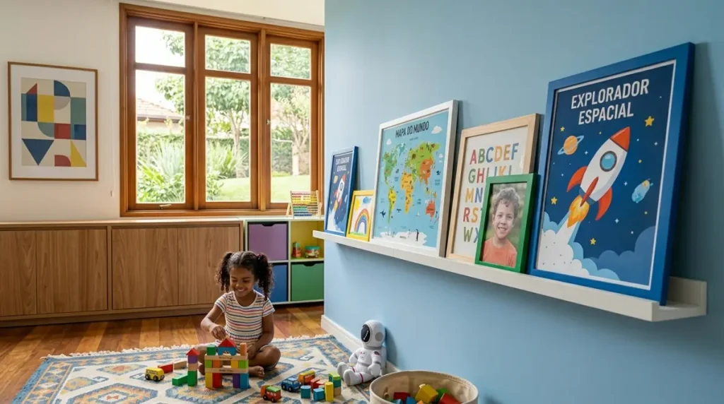 Parede de quarto infantil com canaleta de quadros permitindo a troca fácil de artes decorativas, acompanhando o crescimento da criança.