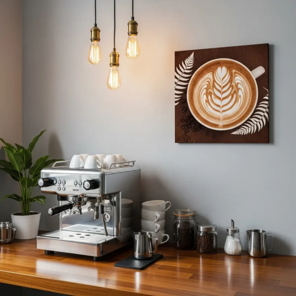 Estação de café com bandeja e cafeteira; quadro pequeno acima do conjunto, base a ~18 cm do tampo, deslocado lateralmente do vapor da chaleira, moldura com acrílico, parede limpa e seca, iluminação quente de pendente.