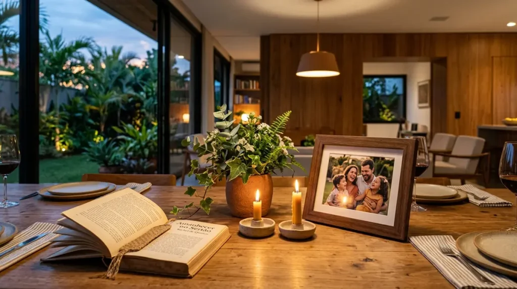 Centro de mesa com porta-retrato médio, velas e arranjo baixo.