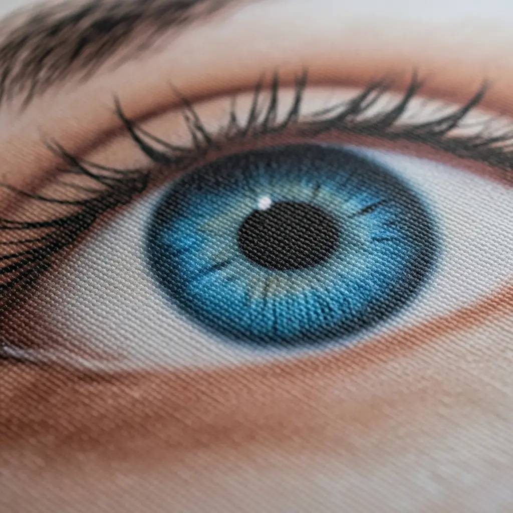 Impressão em canvas mostrando todos os detalhes de um olho azul, com cílios, palpebra e íris.