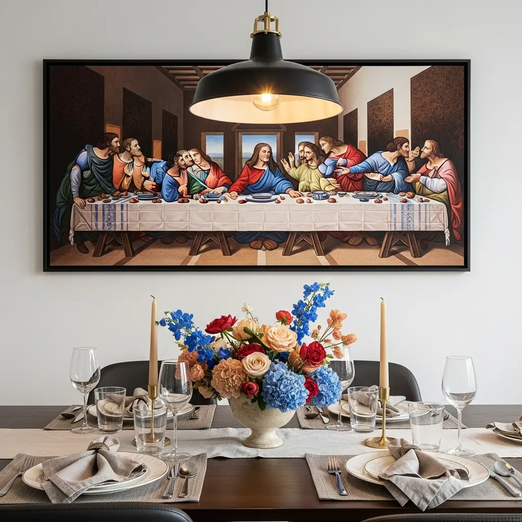 Mesa de jantar posta com jogos americanos, guardanapos e arranjo floral em cores que repetem os tons do quadro da Santa Ceia pendurado na parede ao fundo.