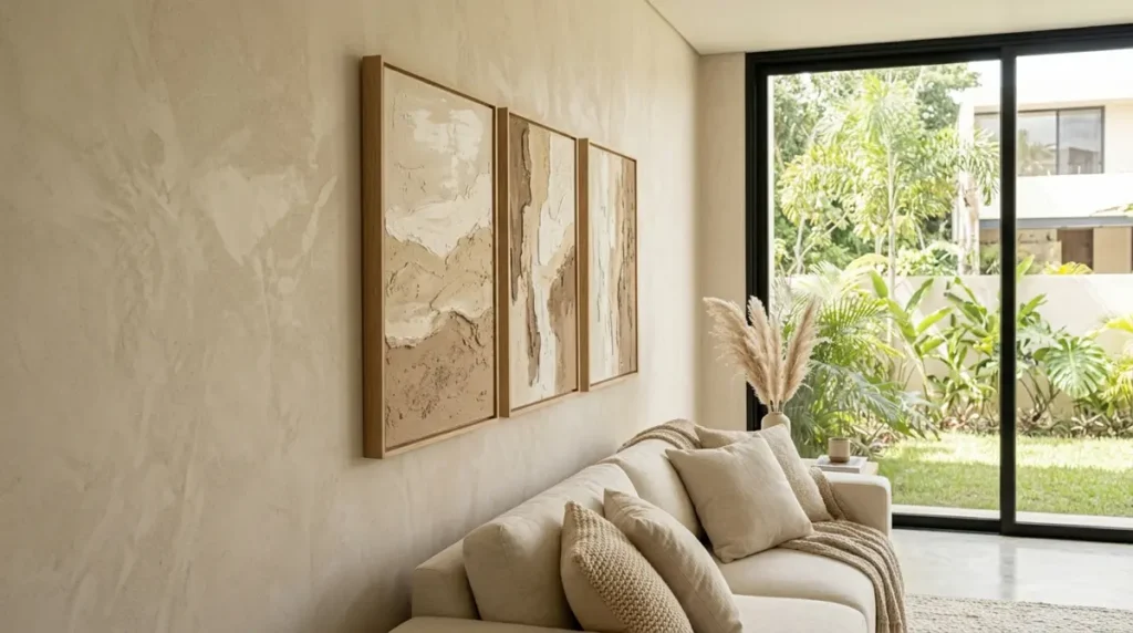 Canto de sala de estar em tons de bege e creme com três quadros abstratos seguindo a mesma paleta monocromática, criando harmonia visual.