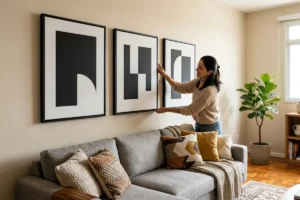 Mulher colocando quadros decorativos na parede da sala