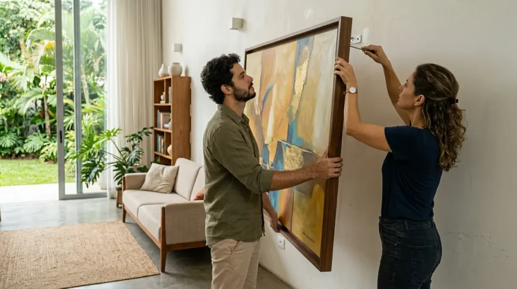 Duas pessoas segurando e removendo um quadro decorativo da parede corretamente.