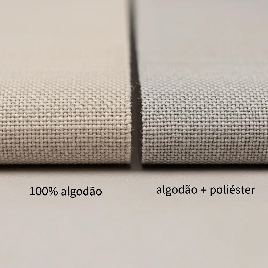 Comparação entre o tecido canvas 100% algodão (à esquerda) e o canvas com poliéster (à direita).
