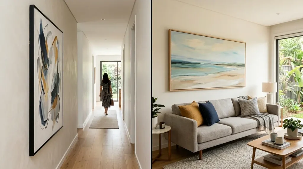 Comparação de efeito visual entre quadros verticais em corredor e horizontais acima do sofá