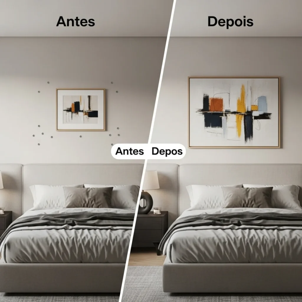 Imagem dividida ao meio mostrando, de um lado, um quadro pequeno e alto demais sobre a cabeceira parecendo desproporcional e, do outro, um quadro maior na altura correta dos olhos, deixando o quarto mais harmônico.