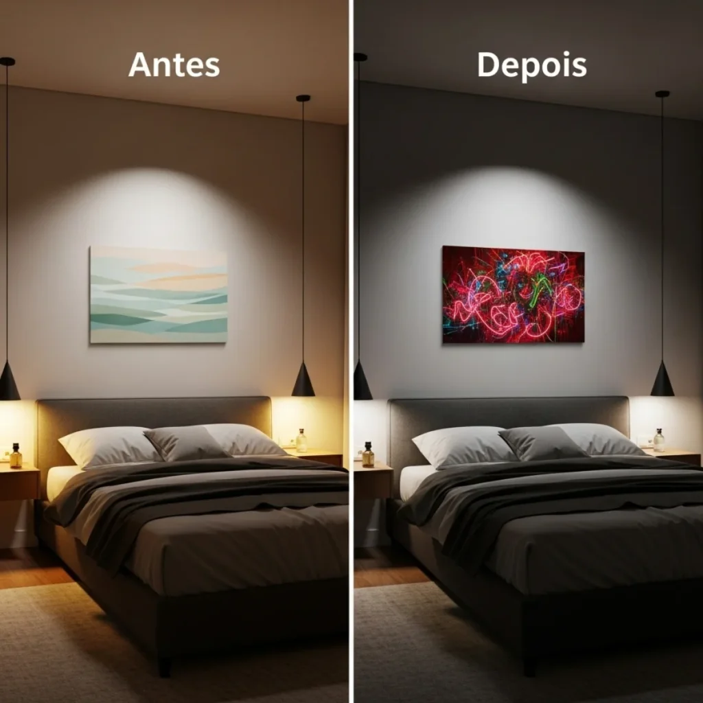Imagem dividida em dois quartos similares: de um lado, quadros em cores suaves com luz quente e suave; do outro, quadros em cores muito vibrantes com luz forte e direta, mostrando o contraste de clima entre calmante e estimulante.
