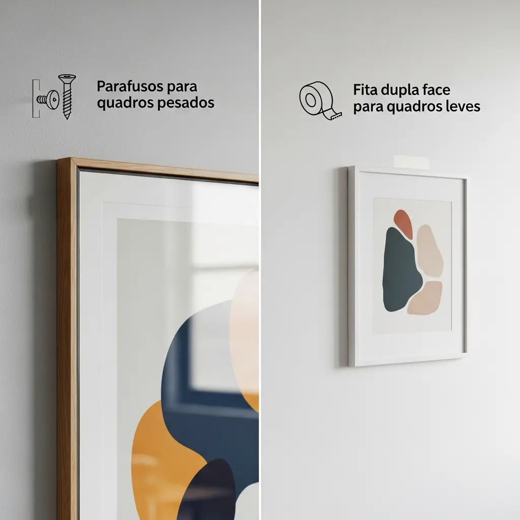 Foto comparativa mostrando à esquerda um quadro pesado com vidro preso por parafusos e buchas, e à direita um quadro leve preso com fita dupla face em parede lisa, com ícones indicando “ideal para pesado” e “ideal para leve”.