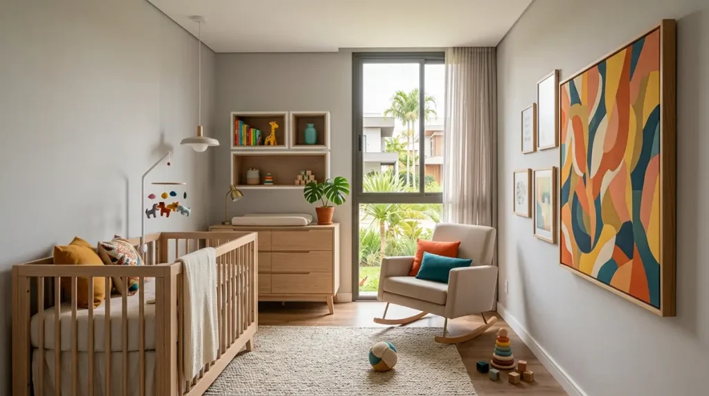 Quarto de bebê com base neutra e pontos de cor vibrantes em quadros decorativos.