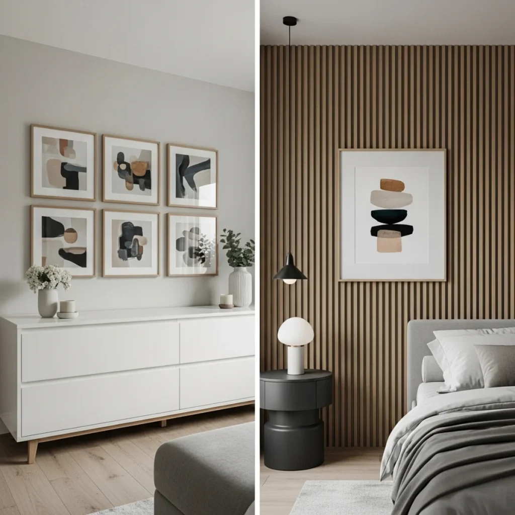 Quarto com composição de quadros em grade acima de uma cômoda, alinhada à largura do móvel, e outra parede com painel ripado onde um quadro se encaixa centralizado dentro de um dos recortes, respeitando o desenho do painel.