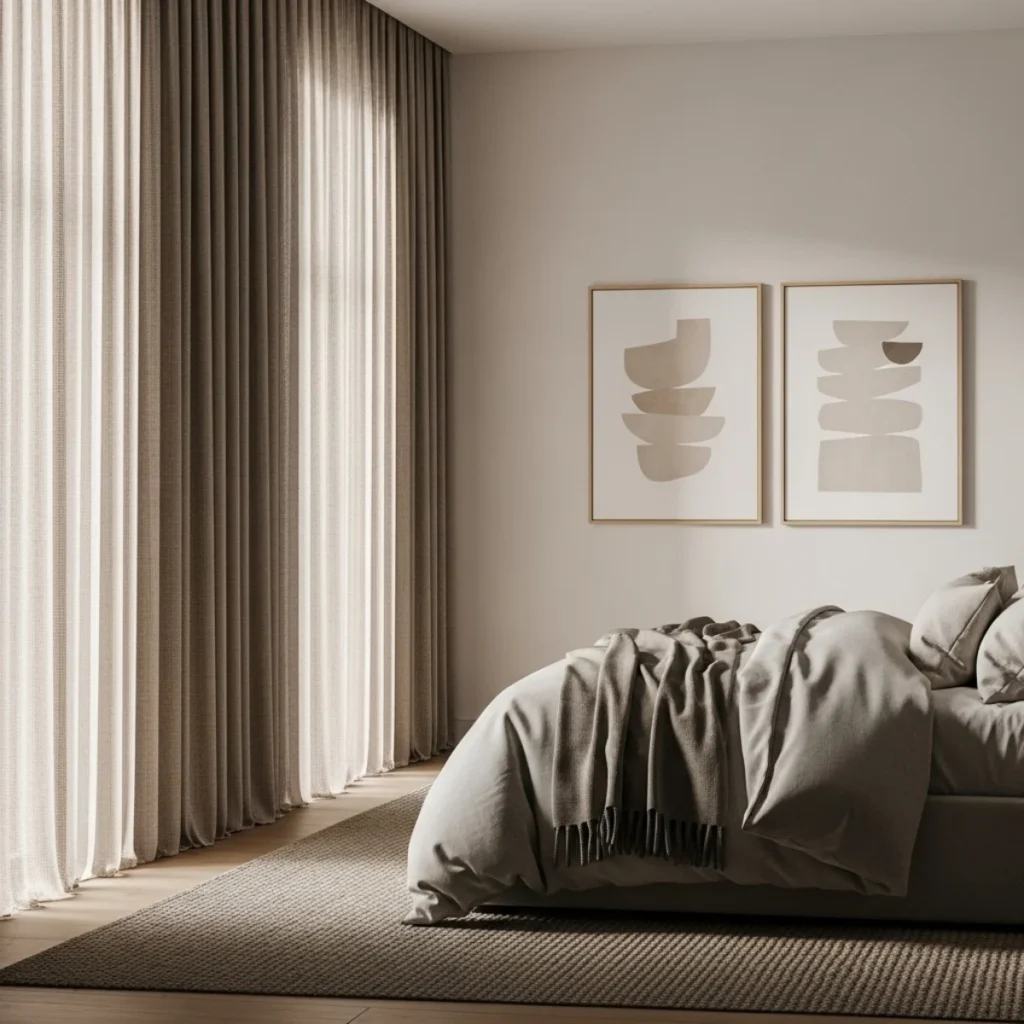 Quarto com cortina farta e composição de dois quadros na parede oposta, molduras claras e luz natural filtrada.