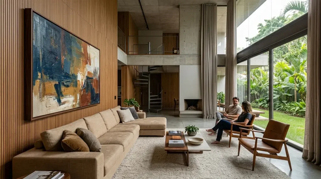 Sala de estar ampla com quadros em tela canvas que ajudam na absorção sonora e no conforto acústico do ambiente.