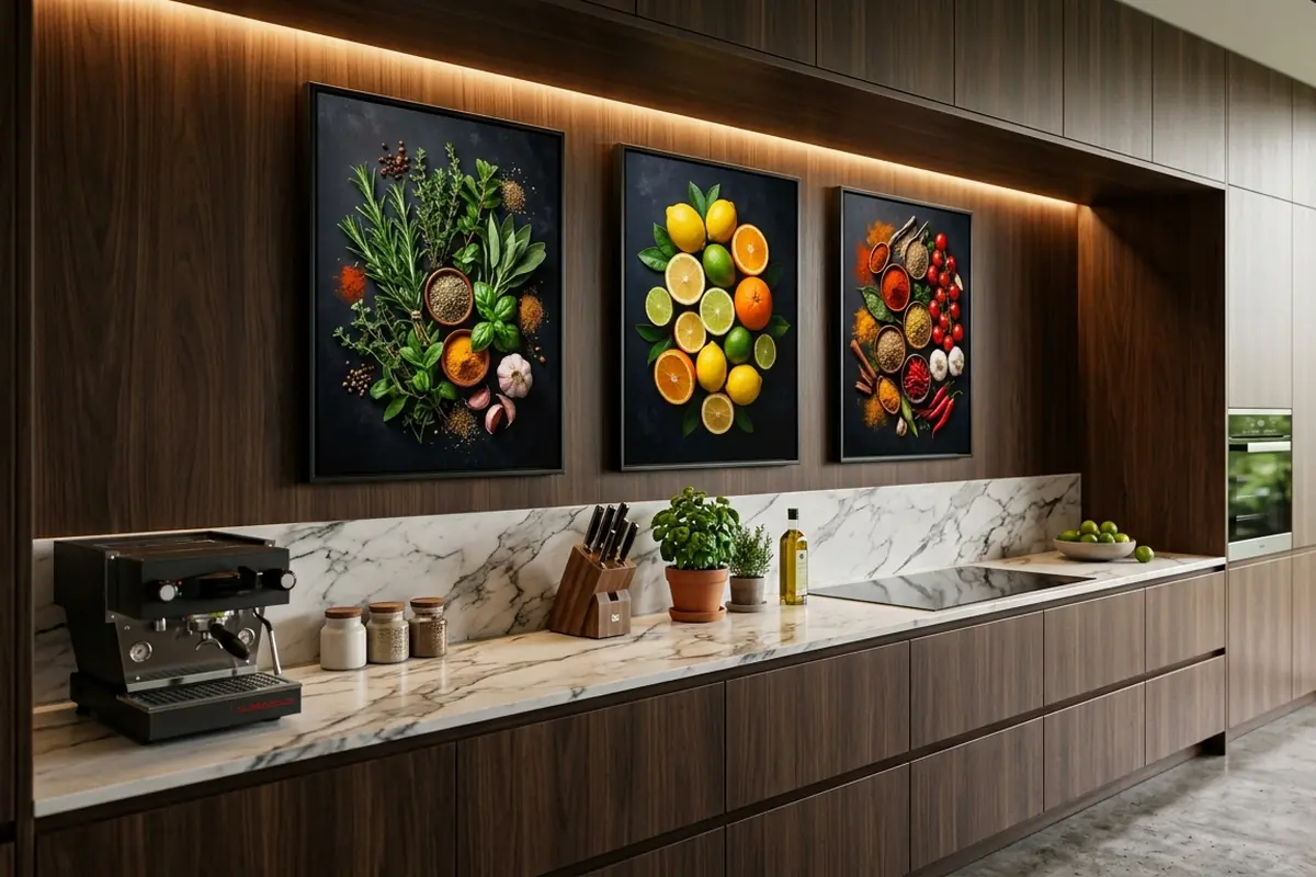 Bancada de uma cozinha moderna, decorada com 3 quadros e, abaixo deles, cafeteira e outros elementos.