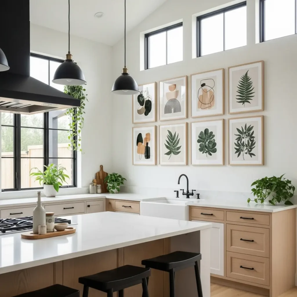 Cozinha grande e moderna com ilha central, mostrando uma parede ampla com uma composição de quadros que repetem as cores dos armários e da coifa, criando um visual coeso e sofisticado.