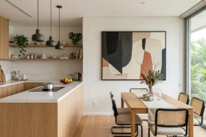 Uma cozinha, com mesa, ilha e prateleira. Na parede ao fundo, um grande quadro decorativo combinando com as cores do ambiente.