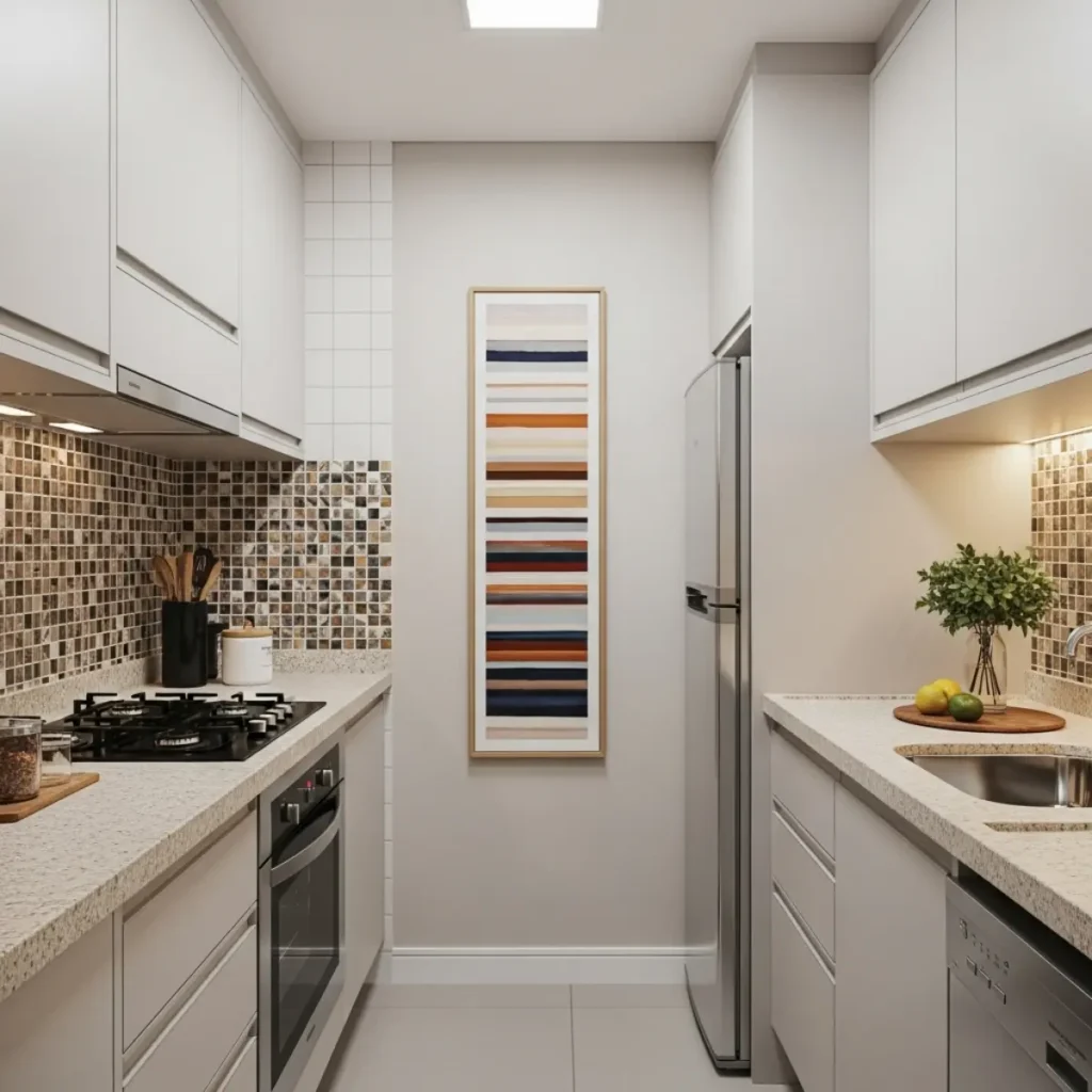 Cozinha pequena de apartamento com armários altos e um quadro vertical estreito em parede seca, em moldura fina e cores neutras, na linha dos olhos.