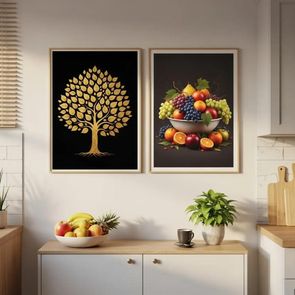 Cantinho de cozinha com aparador e parede decorada com quadro de árvore da prosperidade e quadro de frutas abundantes, ao lado de fruteira cheia e vasinho de planta.