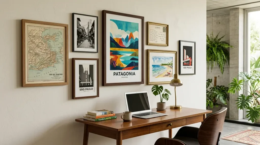 Parede de quadros em um home office com uma composição eclética que reflete a personalidade e as experiências do morador.
