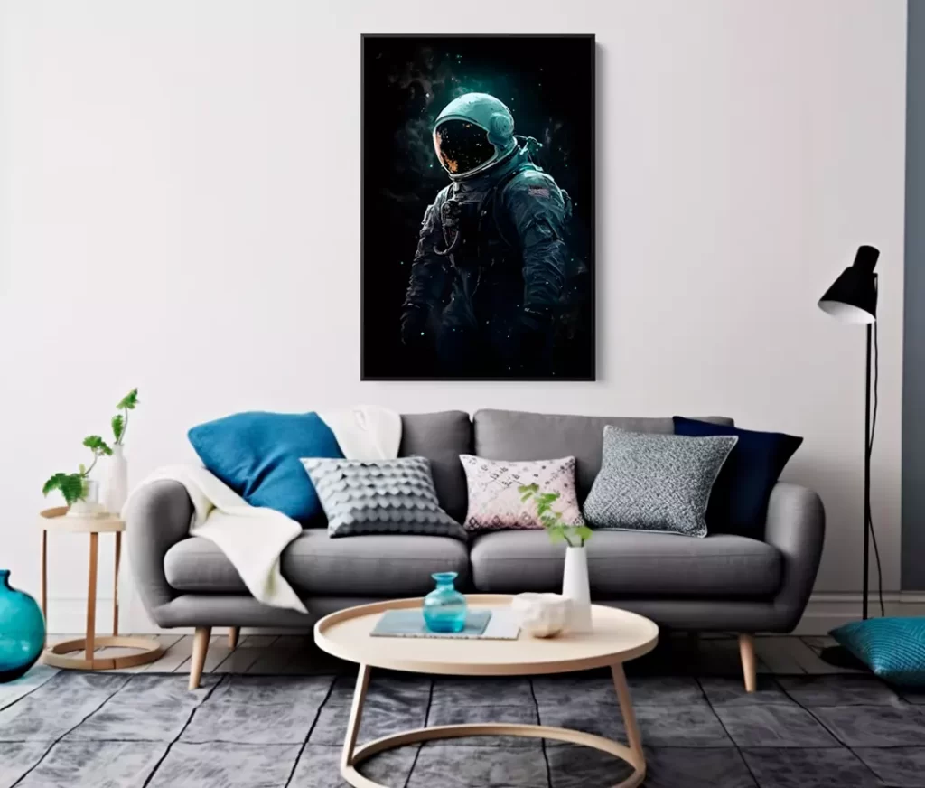 Sala de estar decorada com quadro astronauta da Mioquadros