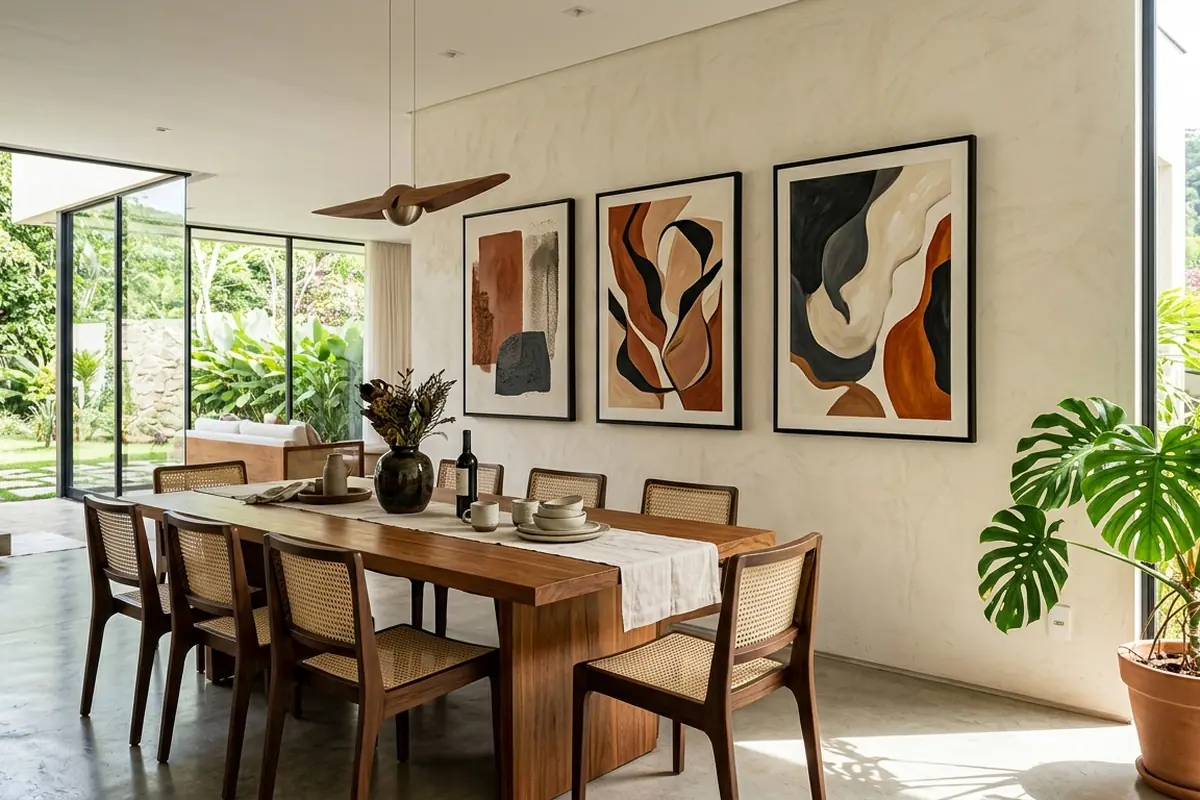 Sala de estar moderna, com mesa e algumas cadeiras. Na parede a decoração com quadros contrasta com a cor branca de fundo.