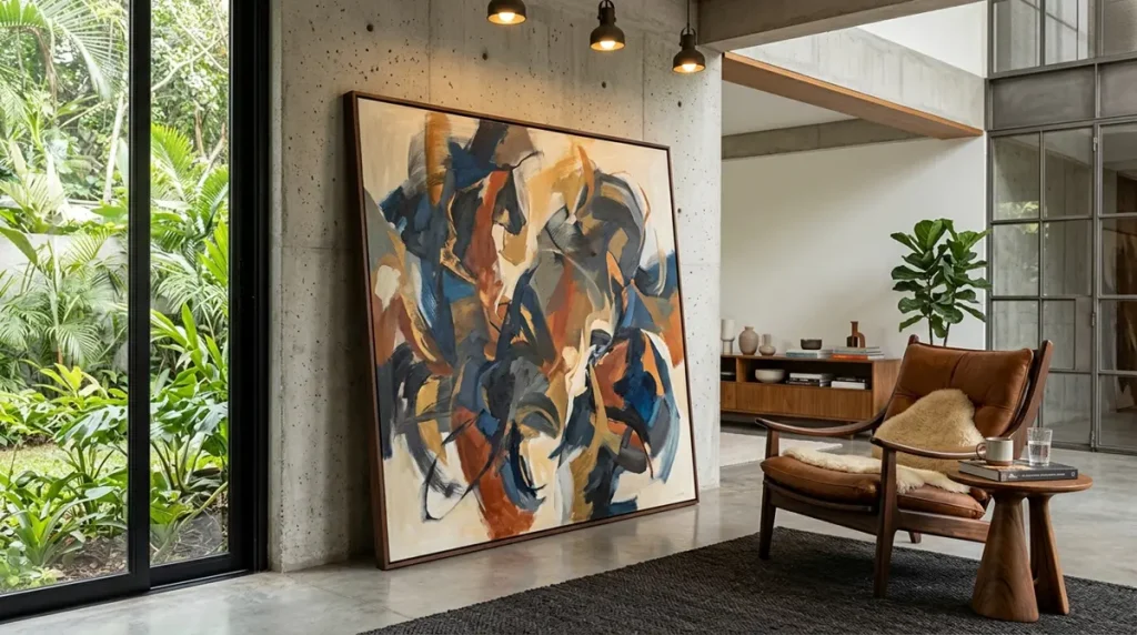 Quadro moderno abstrato apoiado no chão de uma sala sofisticada, criando um visual de galeria de arte contemporânea.