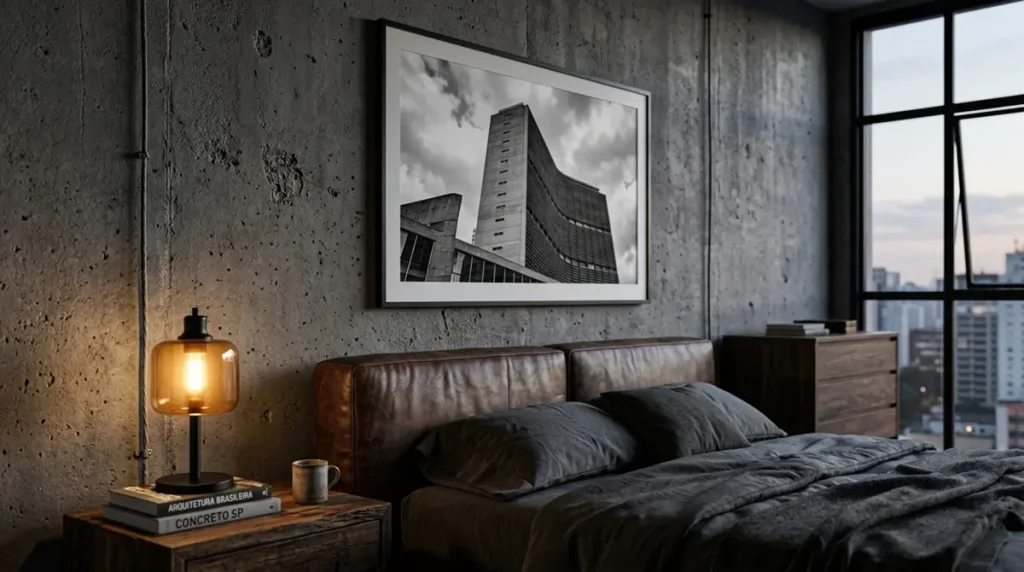 Quarto masculino com estilo industrial apresentando um quadro de fotografia arquitetônica em preto e branco sobre uma parede de cimento queimado.