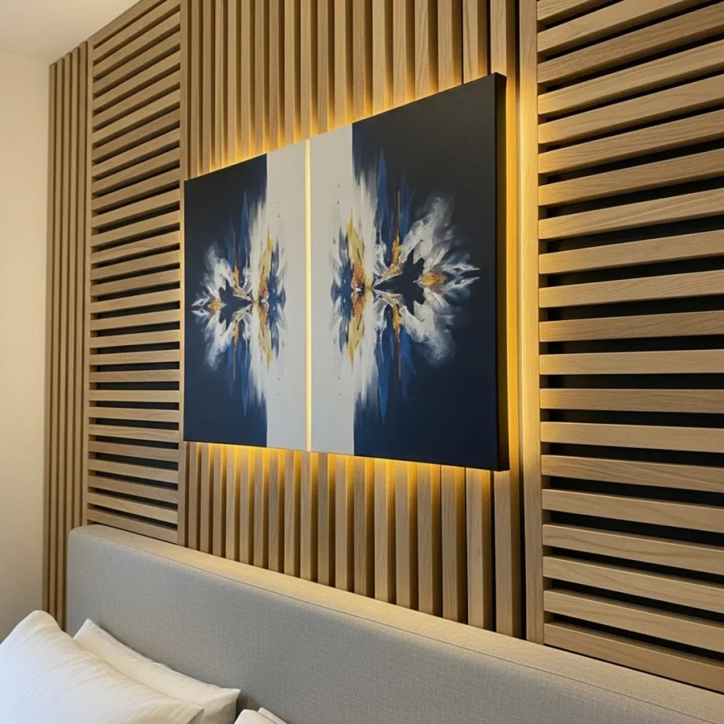 Quarto com painel ripado de madeira clara, díptico centralizado entre ripas, fixação precisa e fita de LED discreta.