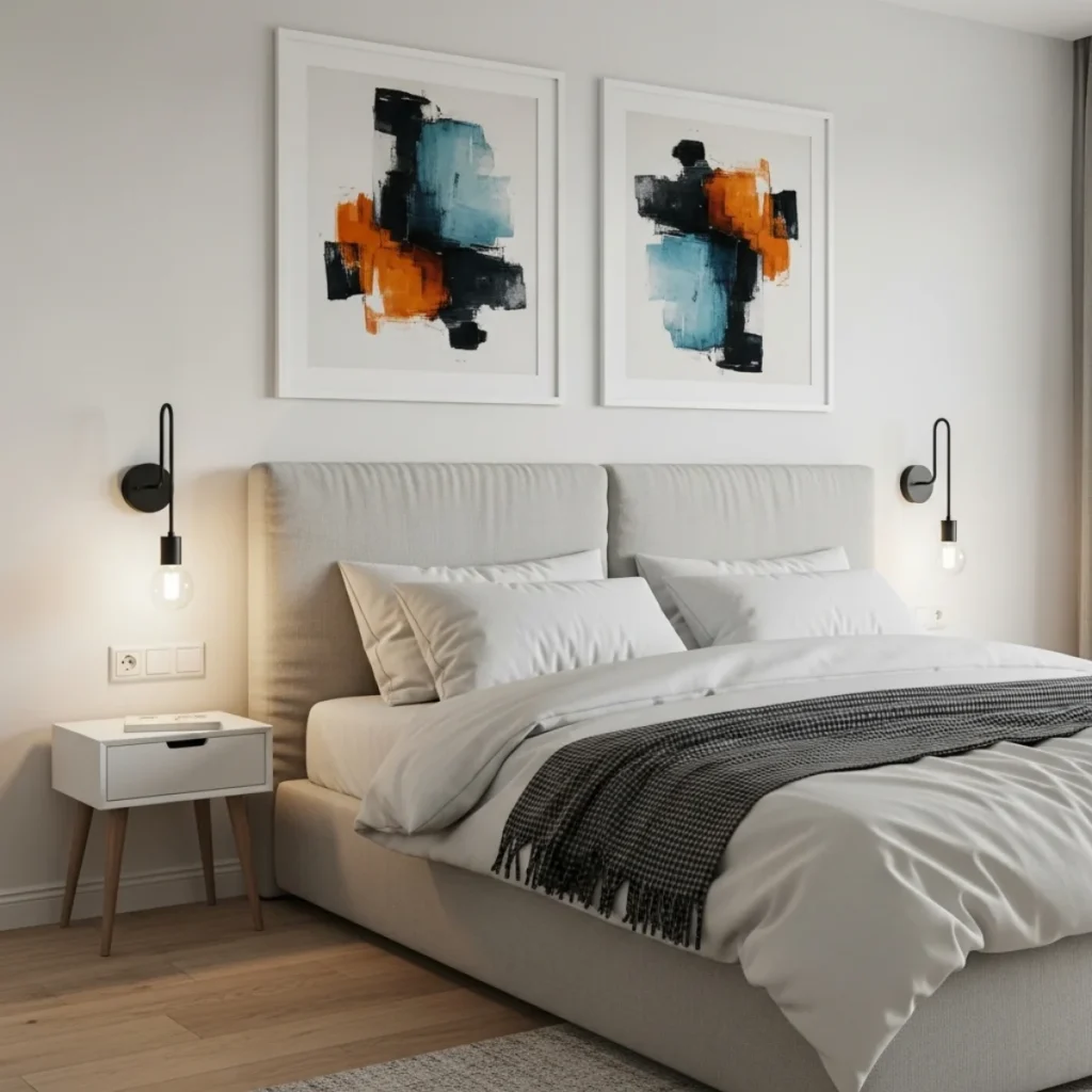 Quarto minimalista com cama king e cabeceira alta, dois quadros iguais centralizados no eixo da cama, espaçamento de 6 cm entre molduras, arandelas laterais e roupa de cama branca.