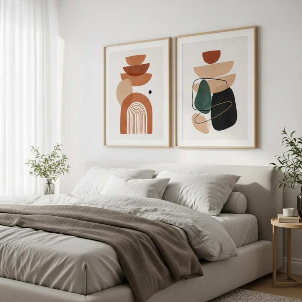 Quarto claro com cama queen, díptico centralizado com molduras de madeira clara, total de 2/3 da largura da cama, cortinas brancas e planta discreta.