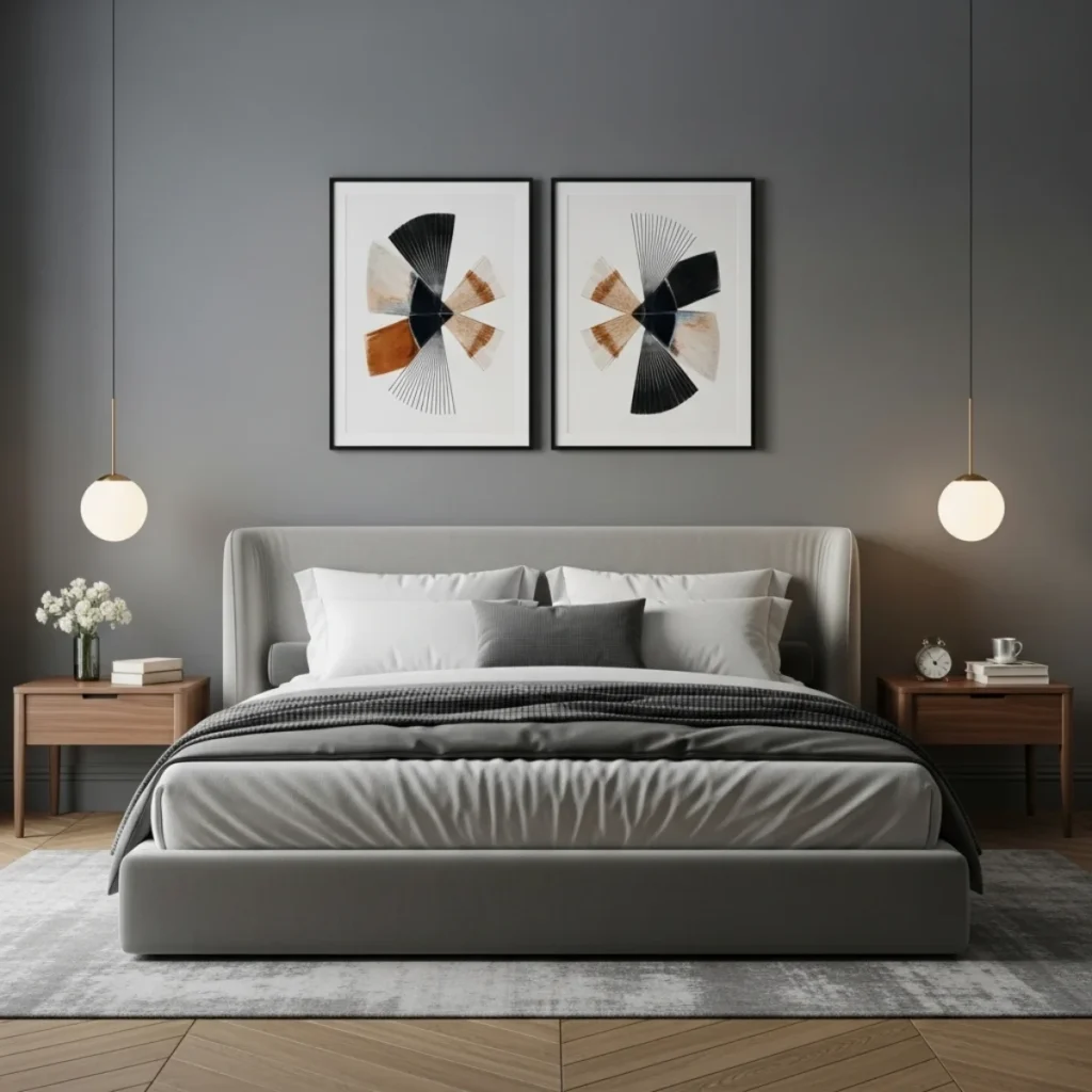 Quarto elegante com parede cinza médio, cama queen, díptico com molduras pretas e espaçamento de 5–8 cm, tapete baixo e luminária pendente lateral.