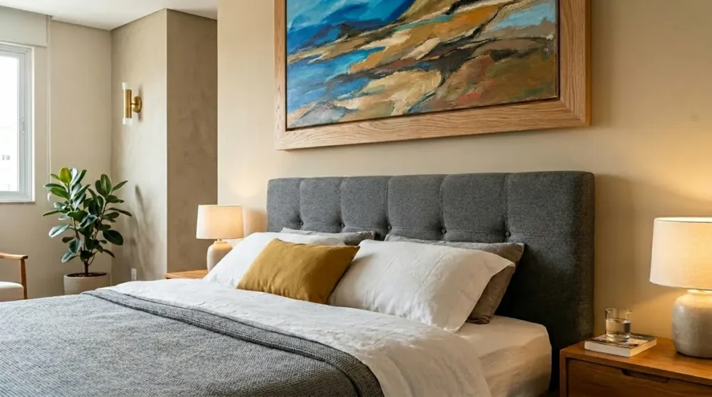 Demonstração técnica da distância ideal de 20 centímetros entre a cabeceira da cama e a base do quadro decorativo.