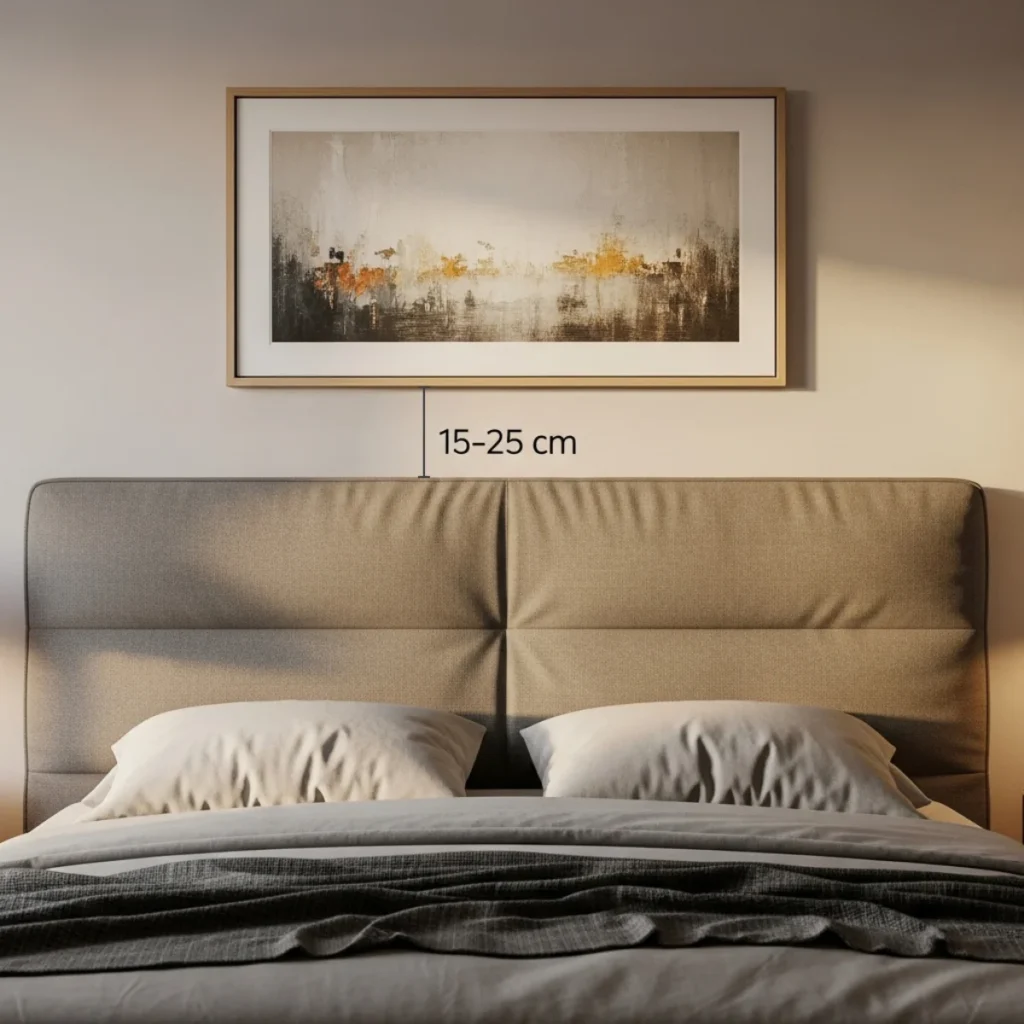 Quarto com cama de casal e cabeceira alta; acima dela, um quadro com a base a cerca de 20 cm do topo da cabeceira, com marcação gráfica indicando essa distância.