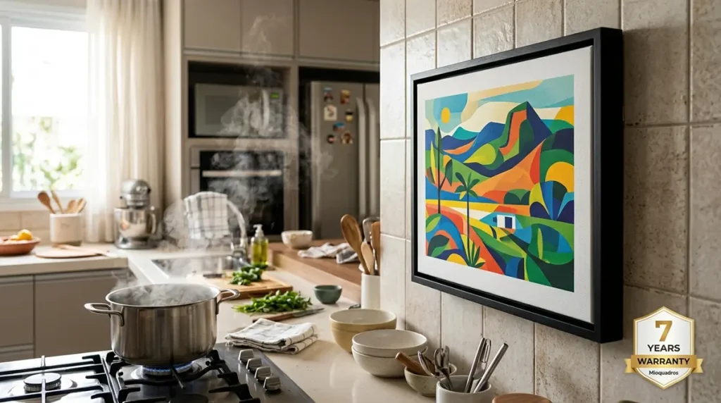 Quadro da Mioquadros em ambiente de cozinha, mantendo cores vivas e moldura perfeita, com selo de 7 anos de garantia.