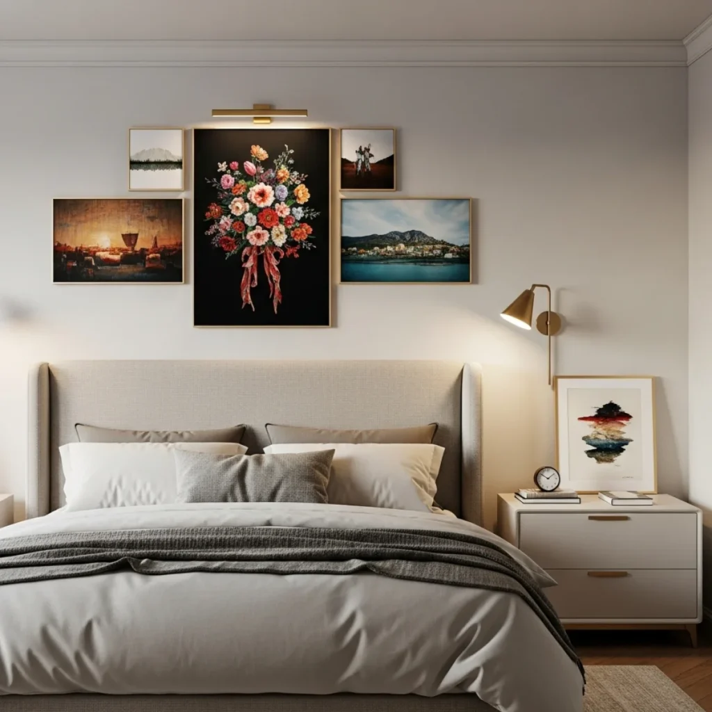 Quarto com cabeceira recebendo um conjunto de quadros marcantes, paredes laterais mais leves e uma cômoda com quadro menor, mostrando equilíbrio entre cheios e vazios; spot de luz direcionado em ângulo suave sobre quadro em canvas sem vidro, sem reflexo forte.