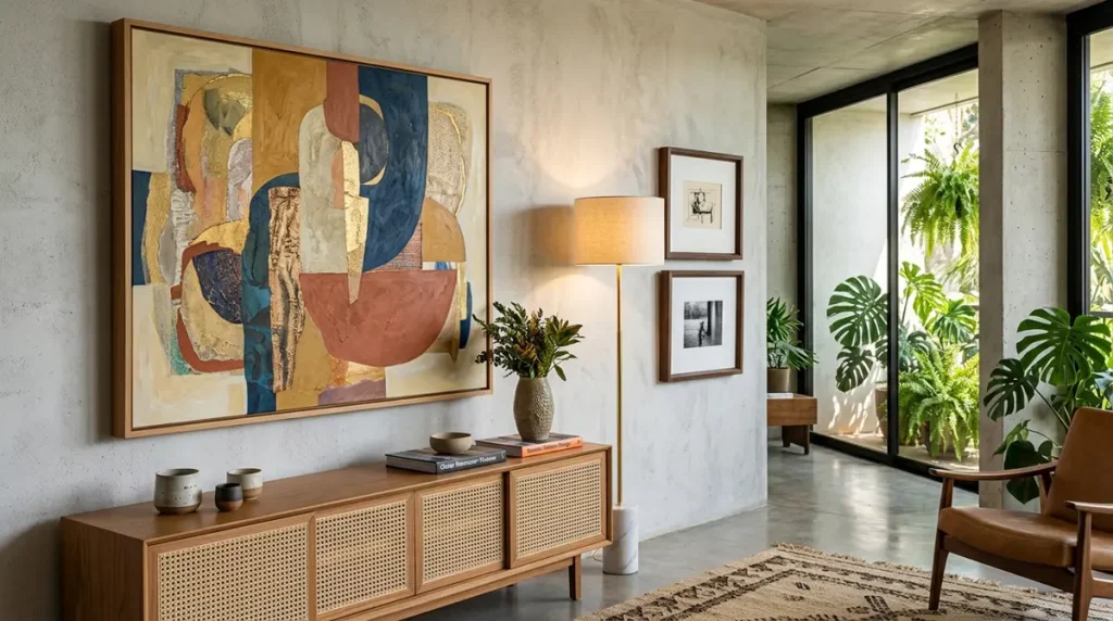 Composição assimétrica em uma sala de estar onde um quadro grande é equilibrado visualmente por uma luminária e dois quadros menores.