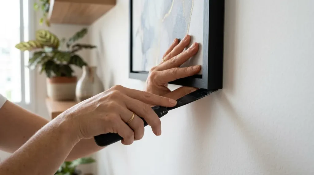 Mãos inserindo uma espátula de plástico atrás de um quadro na parede.