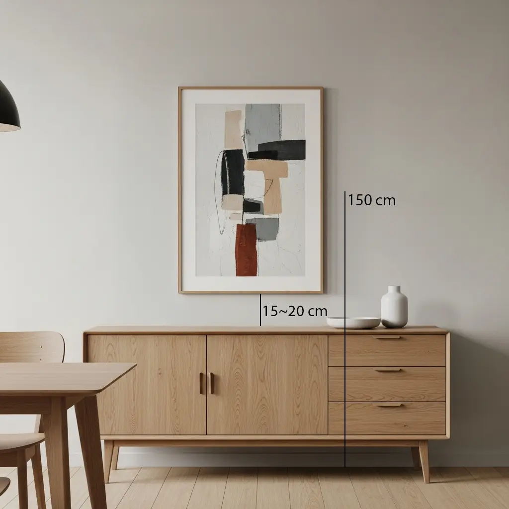Uma parede com aparador e quadro, mostrando linhas e medidas: centro do quadro a 1,50 m do piso e base do quadro cerca de 15–20 cm acima do tampo do móvel.