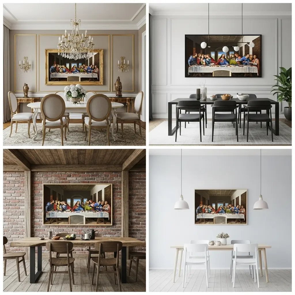 Grade com quatro ambientes diferentes mostrando o quadro da Santa Ceia: um clássico com moldura dourada, um contemporâneo em canvas com moldura preta, um rústico com moldura de madeira natural e um minimalista com moldura fina clara.