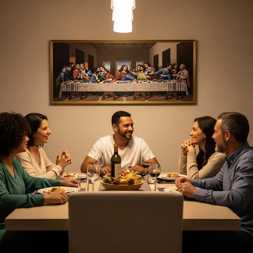 Família reunida em volta da mesa de jantar durante uma refeição, conversando e sorrindo, com o quadro da Santa Ceia em destaque na parede ao fundo, centralizado sobre a mesa.