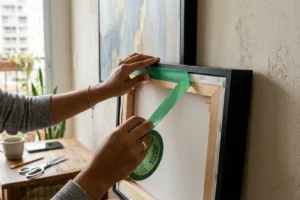 Mulher passando fita dupla face na traseira do quadro para colar na parede.