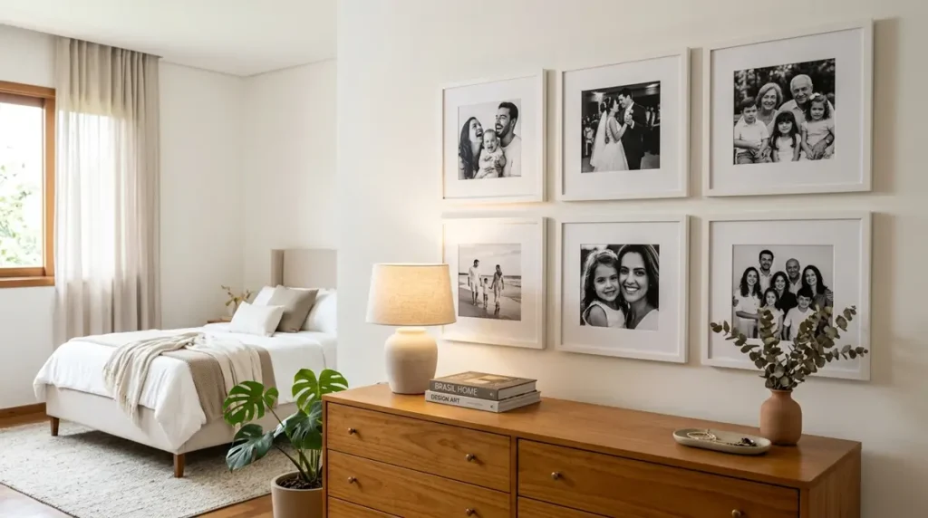 Parede de fotos pessoais em preto e branco com molduras idênticas, criando uma galeria familiar sofisticada e harmoniosa no quarto.