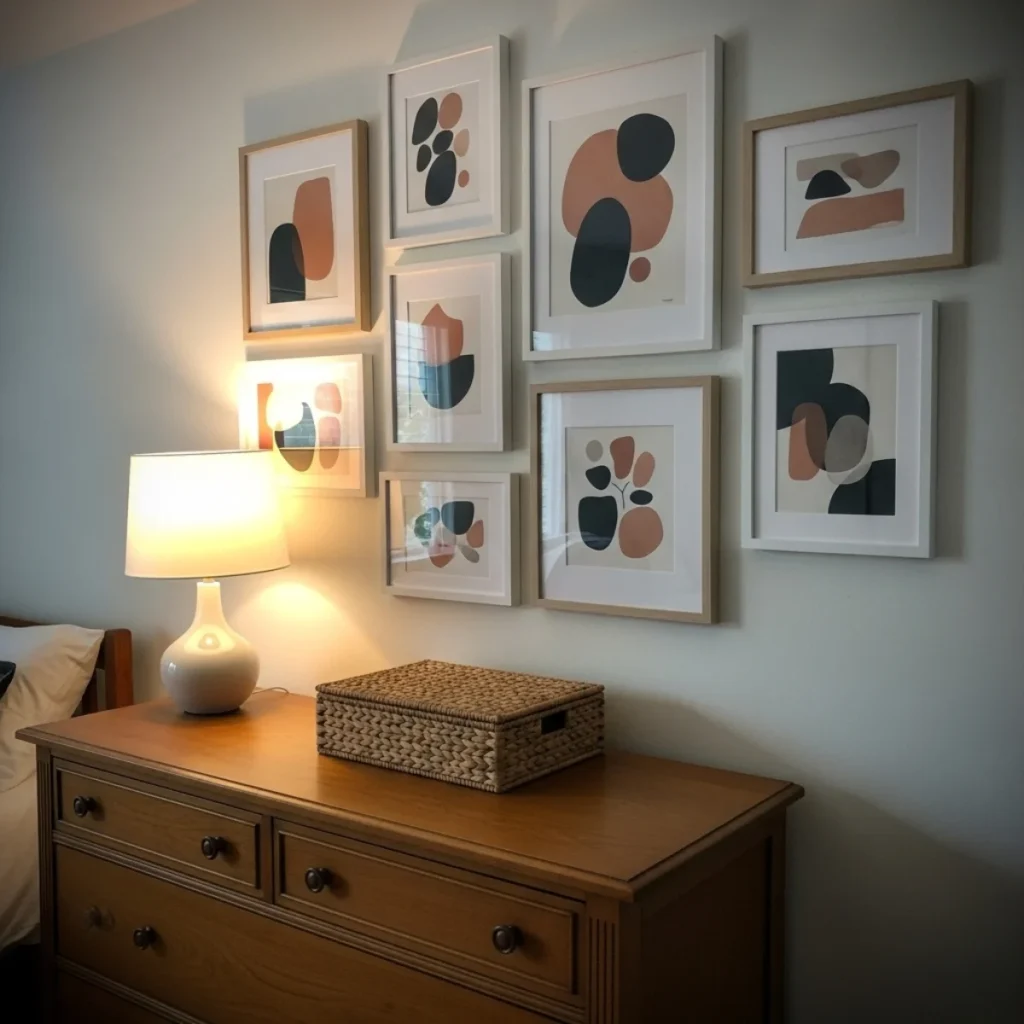 Cômoda de madeira com composição orgânica de quadros apoiados e pendurados, paleta neutra e luminária de mesa criando aconchego.